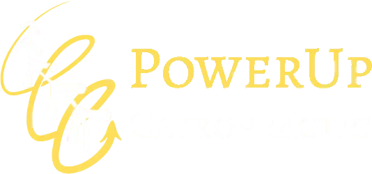 Yellow and white PowerUp Chiropractic logo with stylized lettering and arrow design representing Lees Summit Chiropractor